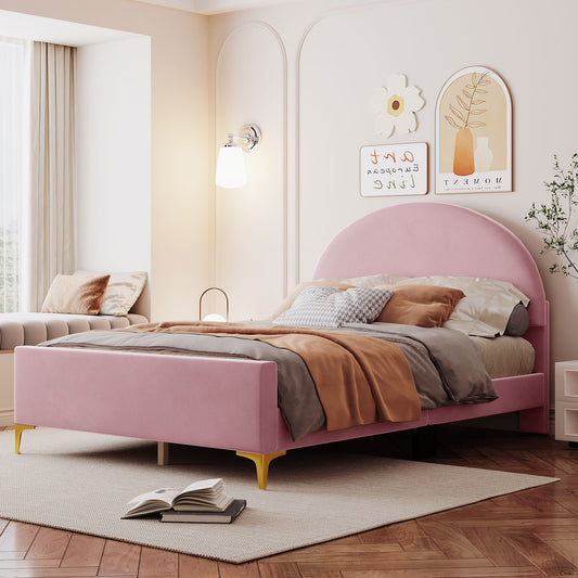 Lynn Full Size Velvet Platform Bed w Mental Legs - Pink