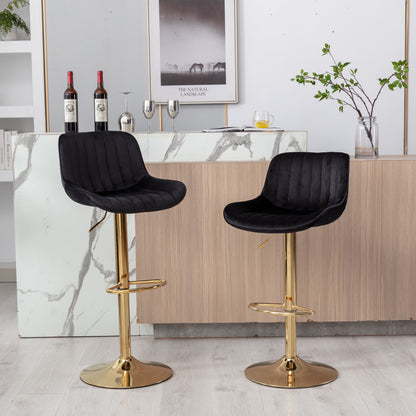 Stramline Adjustable Velvet + Golden Leg Bar Stool - Black Set of 2