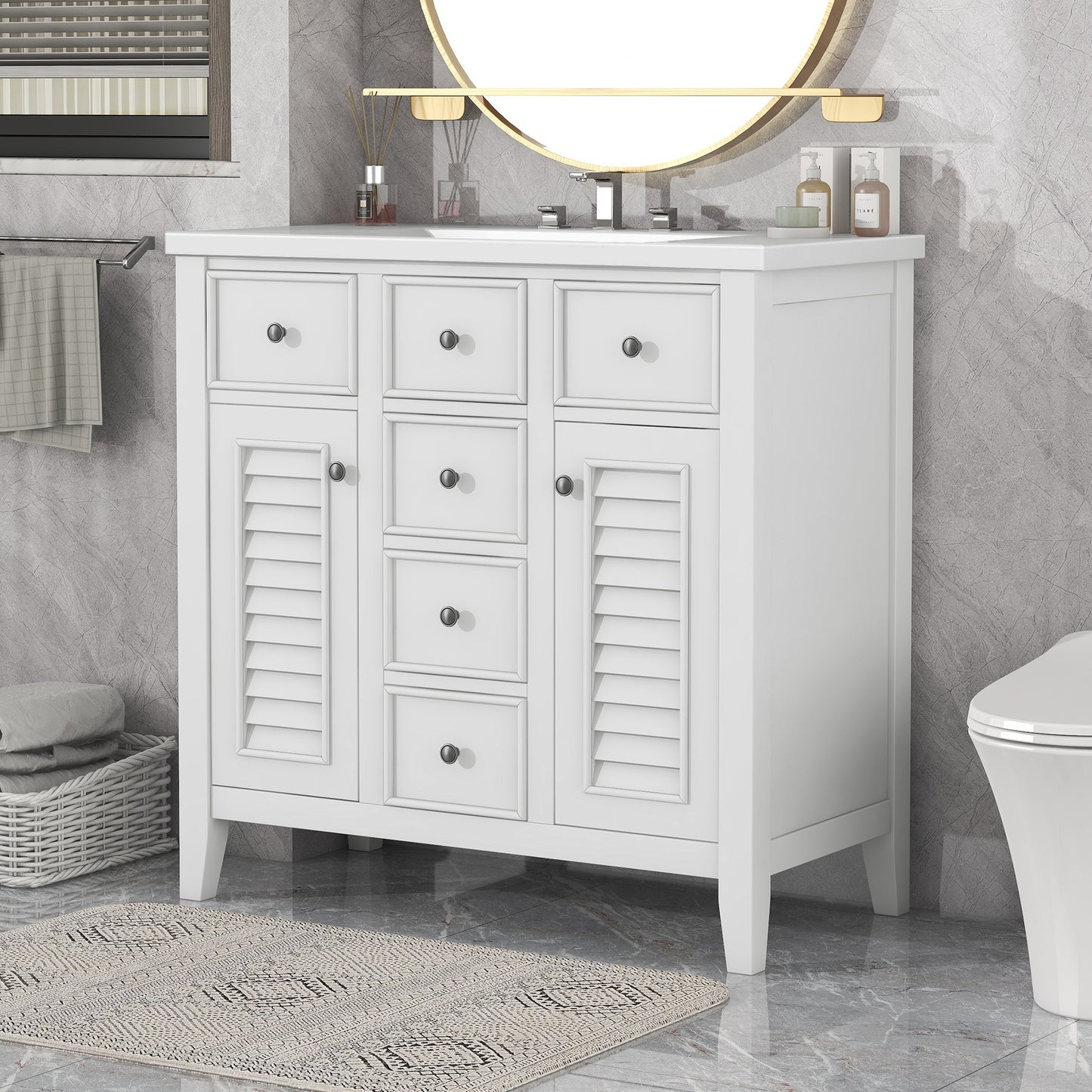 Bathroom Vanity with Ceramic Basin, Two Cabinets and Five Drawers - White