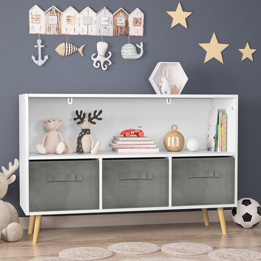 Kids bookcase with Collapsible Fabric Drawers - White+Gray