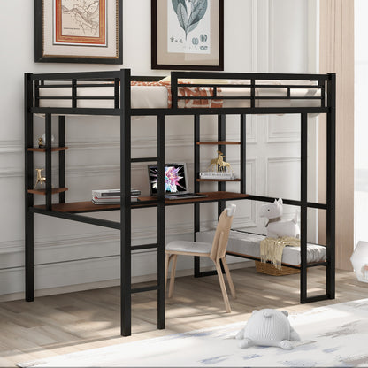 Black Beauty Loft Bed with Long Desk and Shelves