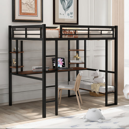 Black Beauty Loft Bed with Long Desk and Shelves