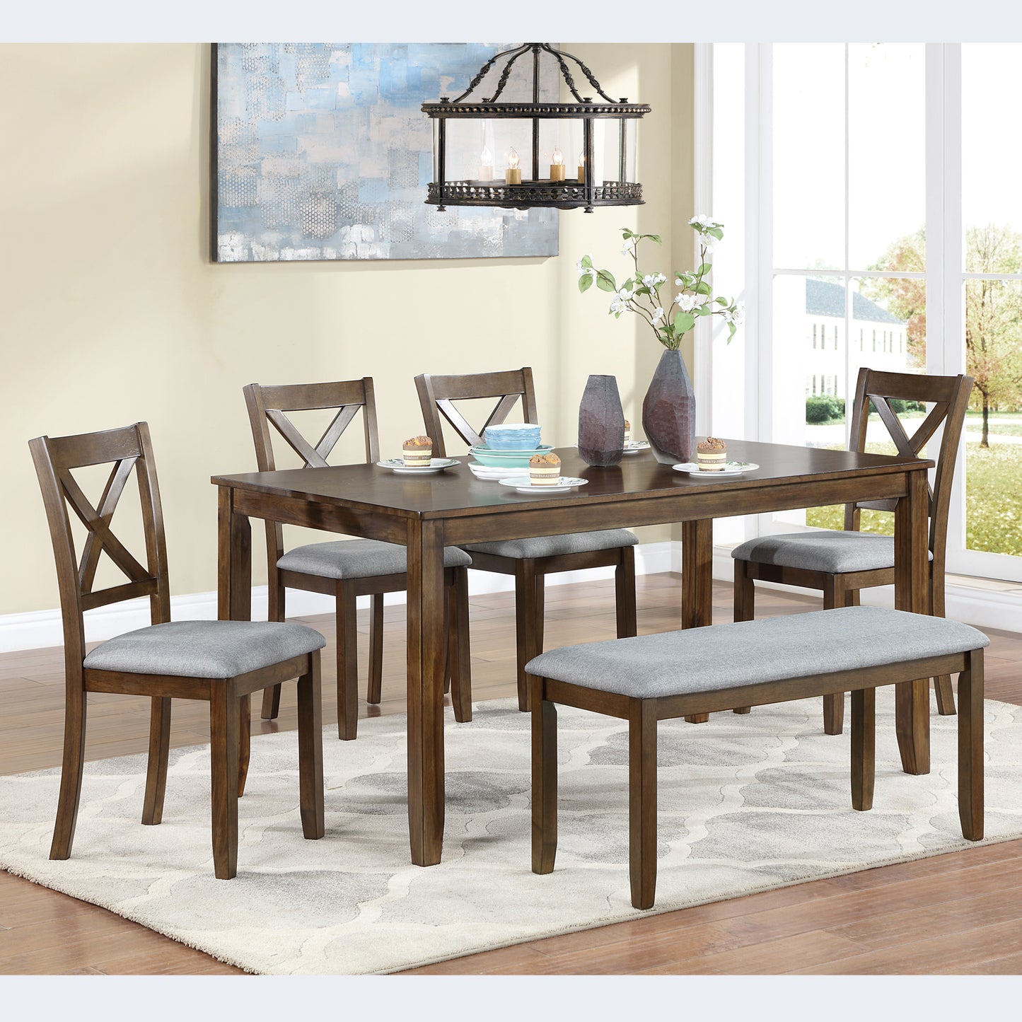 Xeno 6pc Dining Set Wooden Table 4x Side Chairs And Bench - Walnut