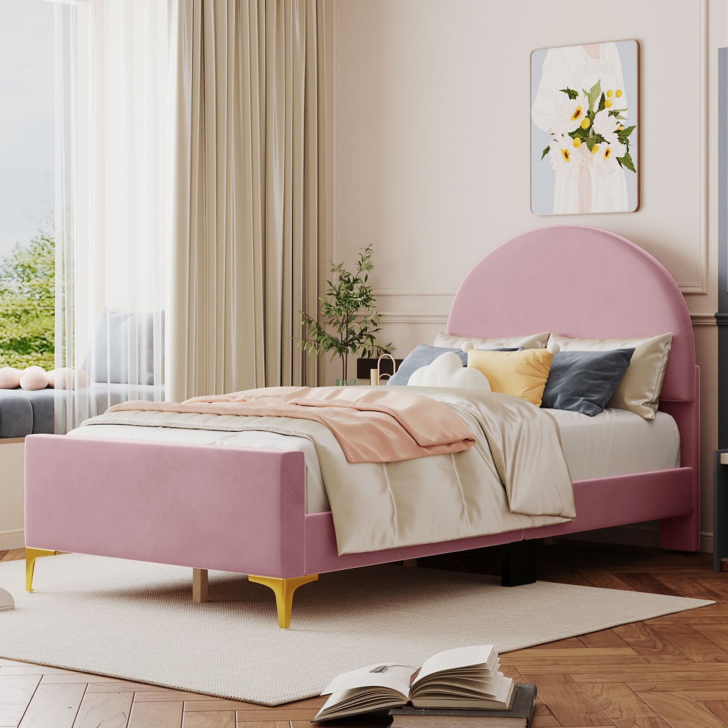 Lynn Twin Size Velvet Platform Bed w Mental Legs - Pink