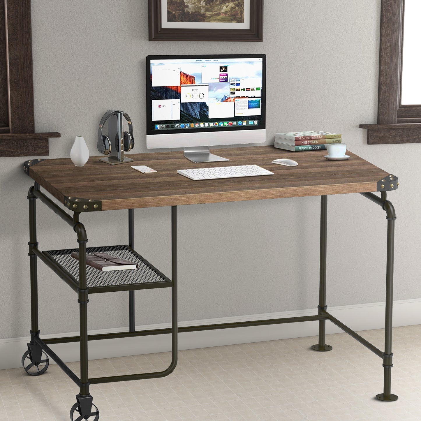 Industrial Metal Writing Desk With Wooden Top, Brown and Black