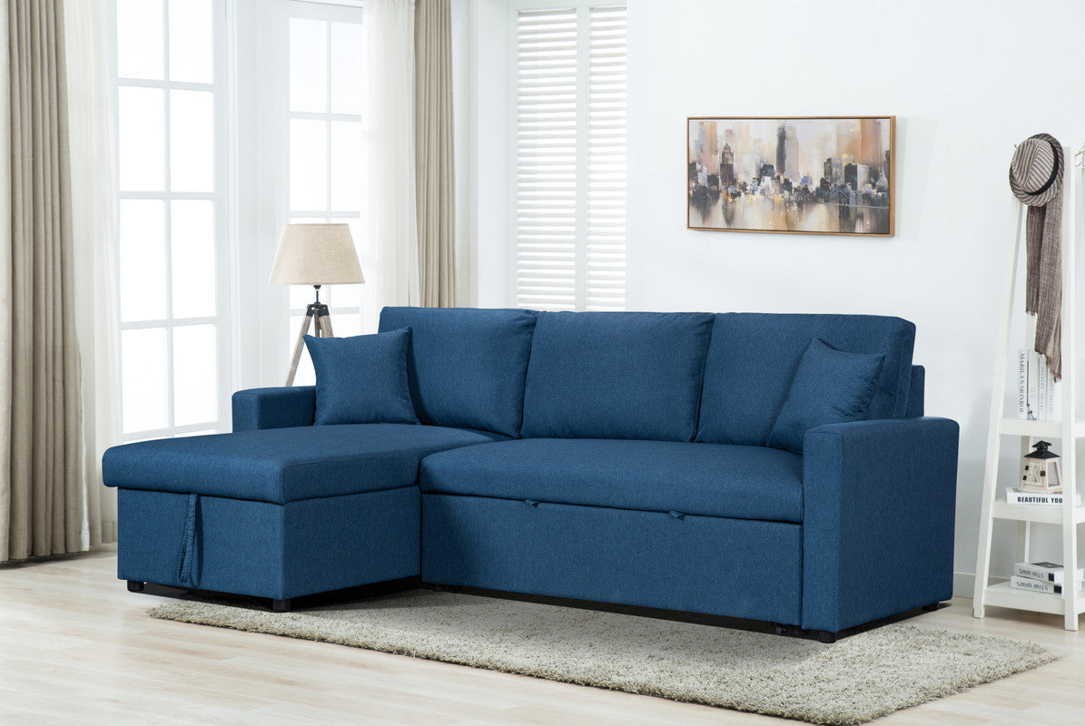 Paisley Linen Fabric Reversible Sleeper Sectional Sofa with Storage -  Blue