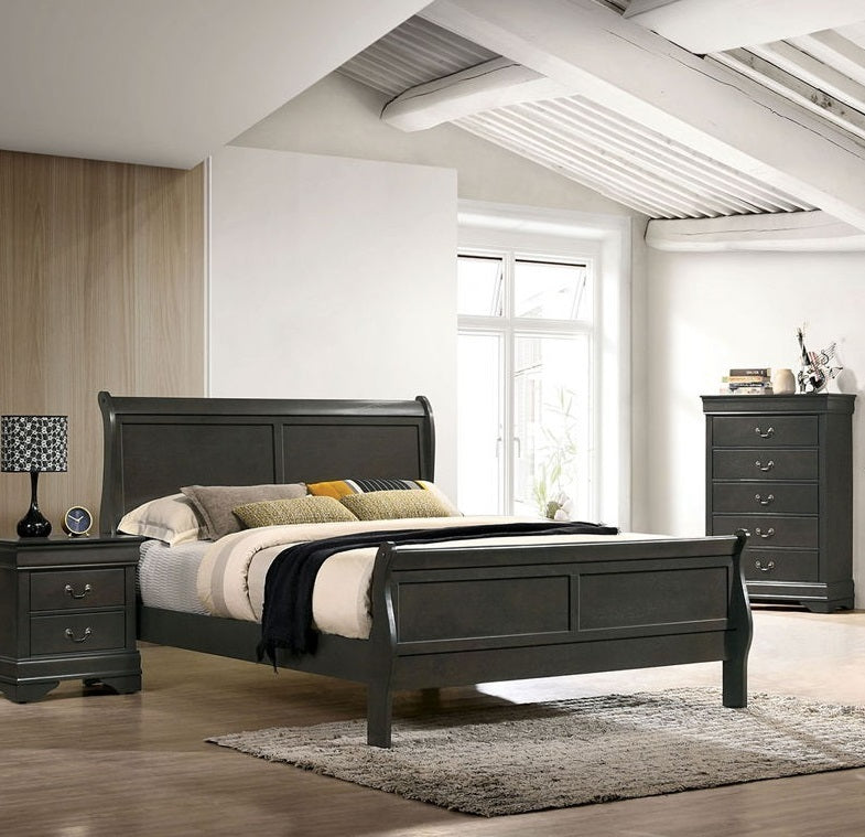 Louis Philippe Solid Wood Eastern King Size Bed - Gray