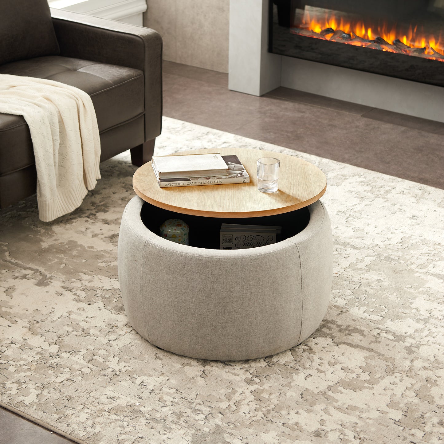 Versa Round Storage Ottoman Table - Light Grey