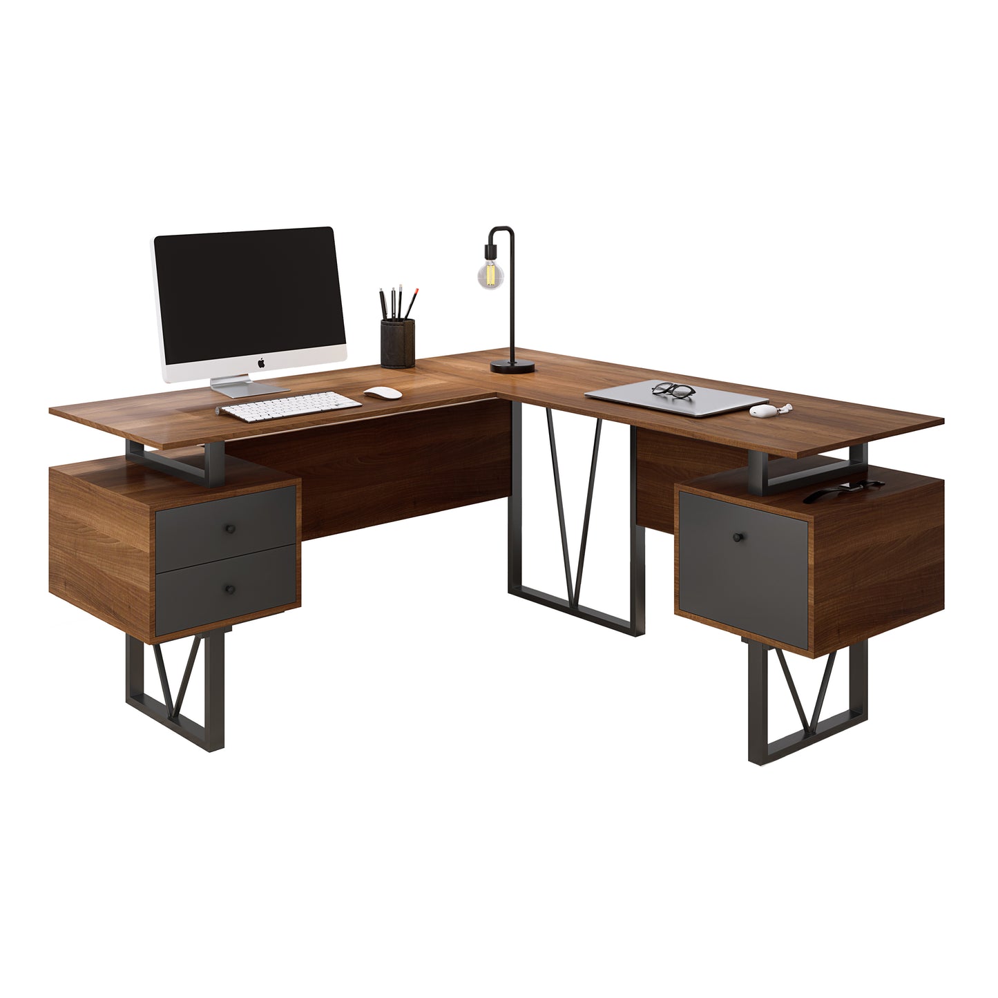 Tech Max Reversible L-Shape Workstation with Storage - Walnut