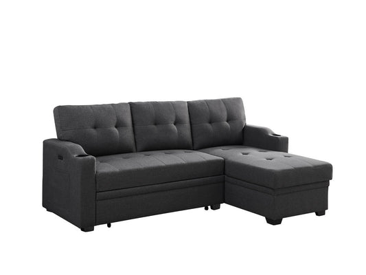 Mabel Linen Fabric Sleeper Sectional with cupholder, USB charging port and pocket - Dark Gray