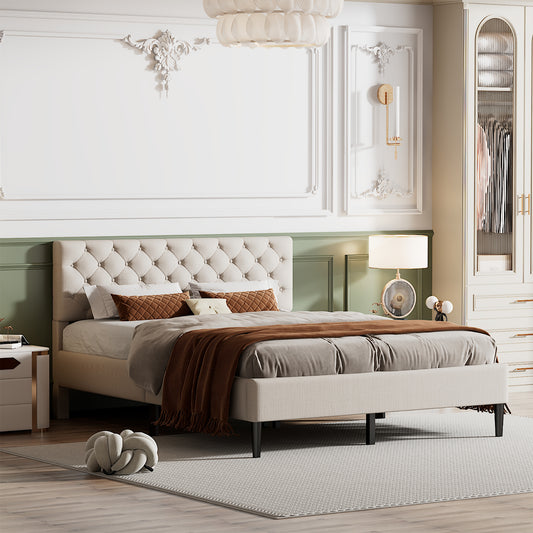 Ukin Queen Size Upholstered Linen Platform Bed - Beige