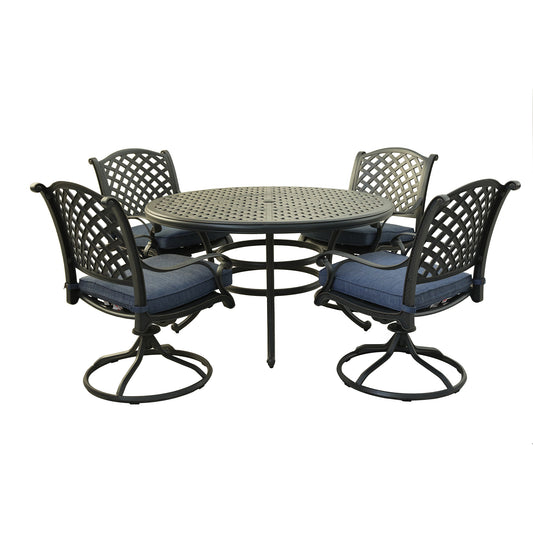 Neda 5 Pc 52" Aluminum Round Dining Set with Cushions (Swivel Chairs) - Navy Blue