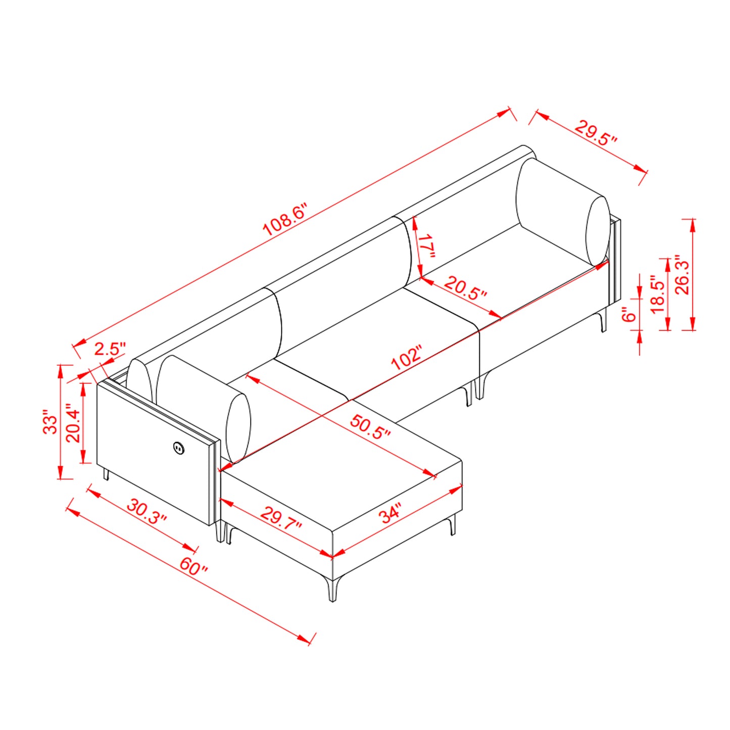 Elevate USB Grey Fabric L-Shaped Sectional Sofa