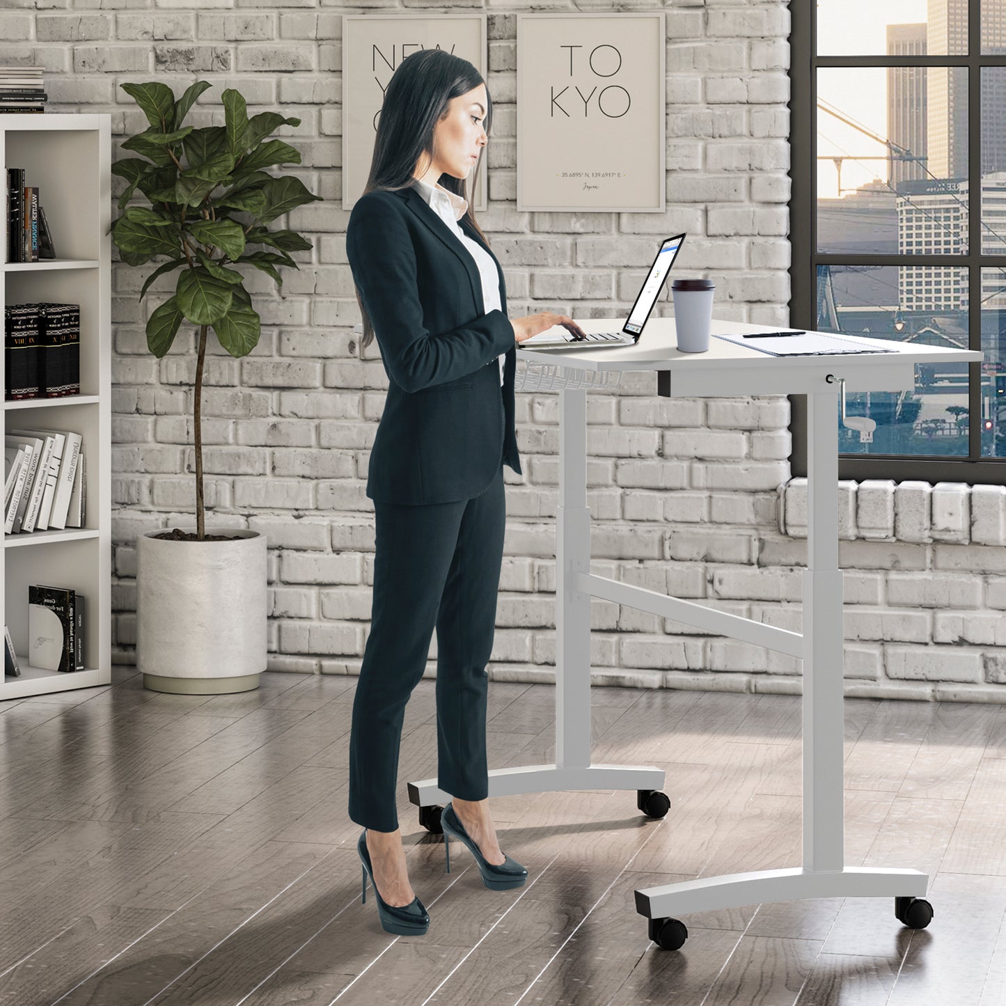 Atlantic Sit Stand Desk with Casters (Height Adjustable) with side crank   -  White