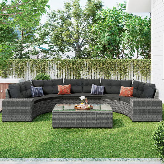 Eden 8 Pc Outdoor Wicker Half-Moon Sectional Sofa Set - Gray