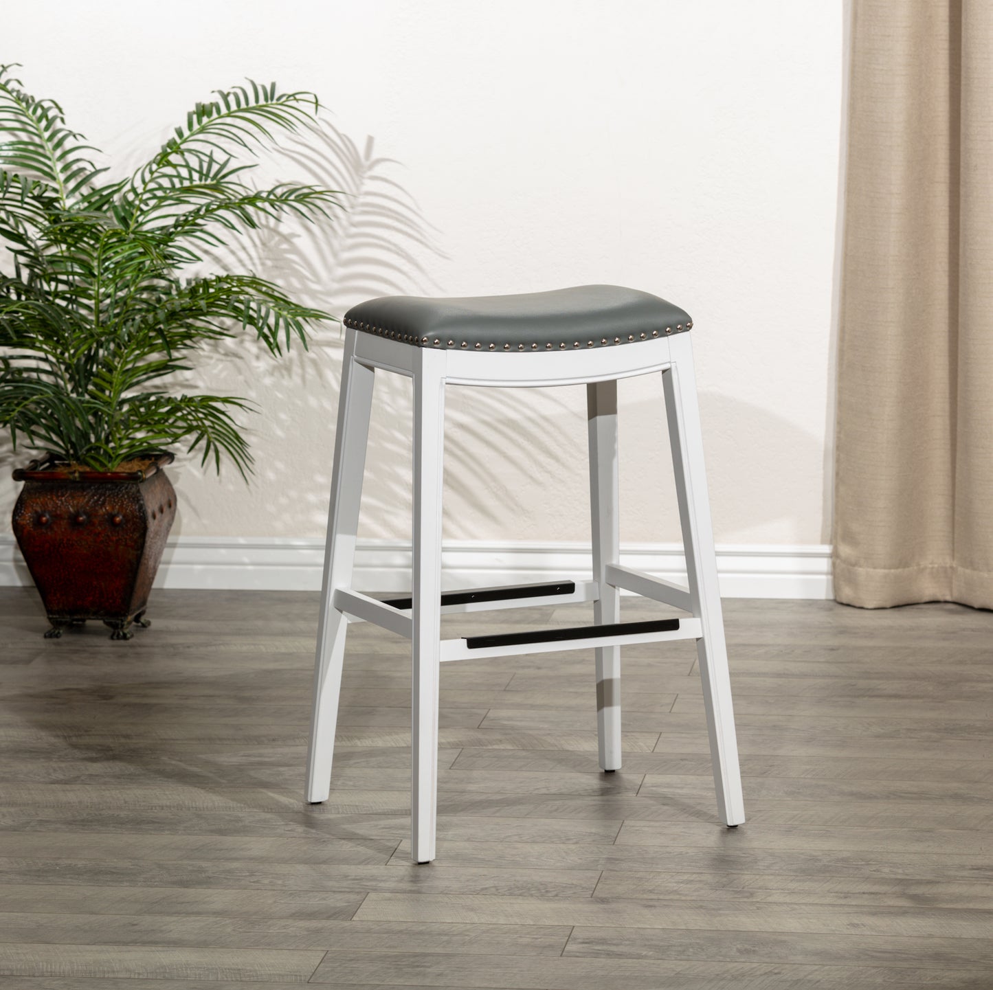 Casa  30" Bar Height Saddle Stool, White Finish, Gray Leather Seat