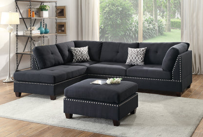 Surya 3pc Sectional Sofa Polyfiber Cushion Sofa Chaise Ottoman Reversible Couch Pillows - Black