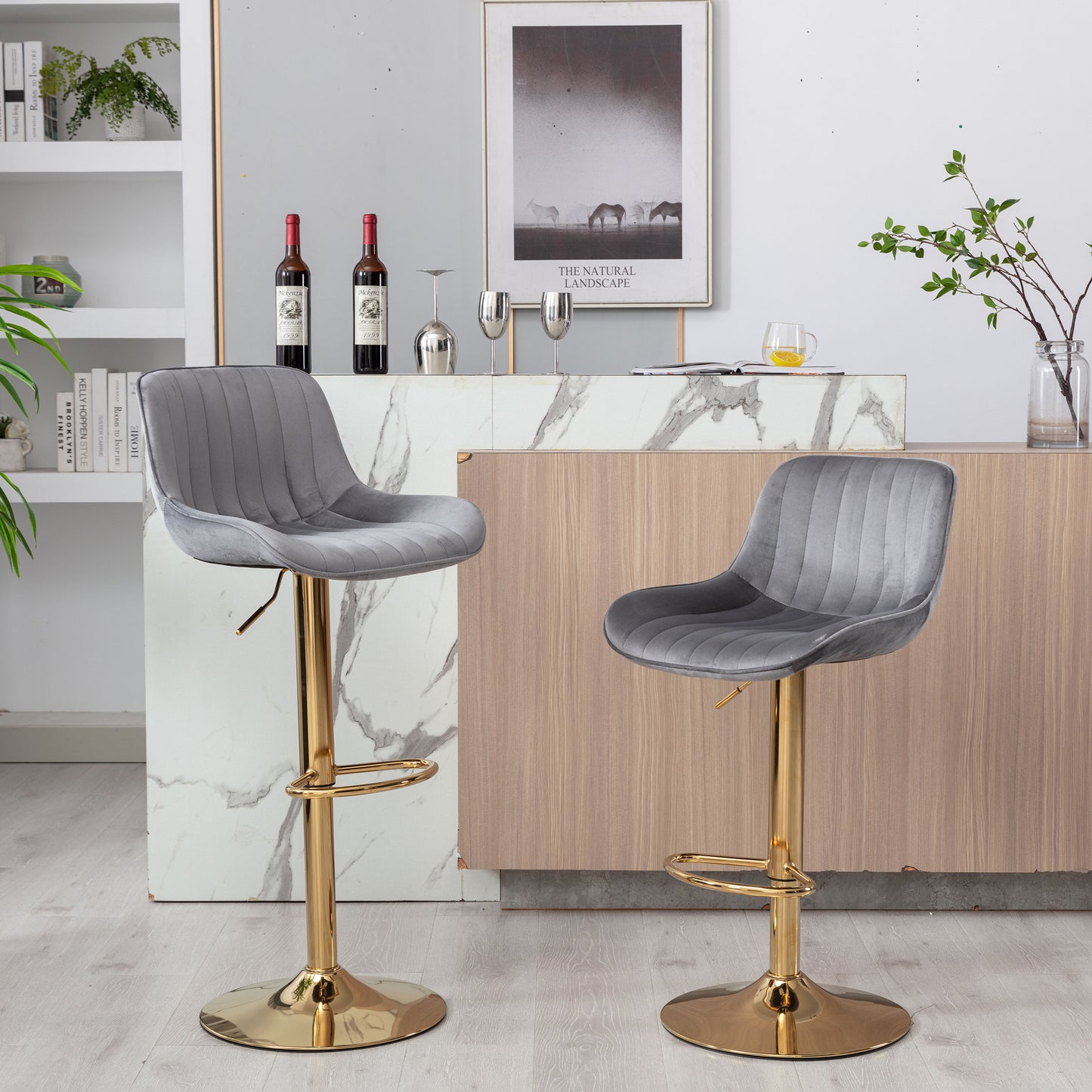 Stramline Adjustable Velvet + Golden Leg Bar Stool - Gray Set of 2