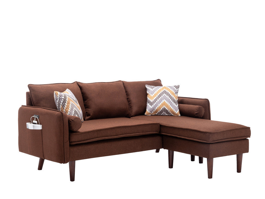 Mia Sectional Sofa Chaise with USB Charger & Pillows - Brown