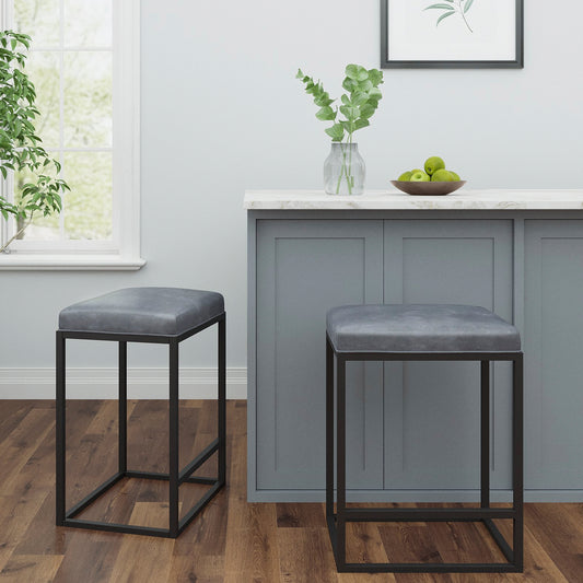 Riley Indoor Metal Faux Leather Bar Stools (Set of 2) - Gray