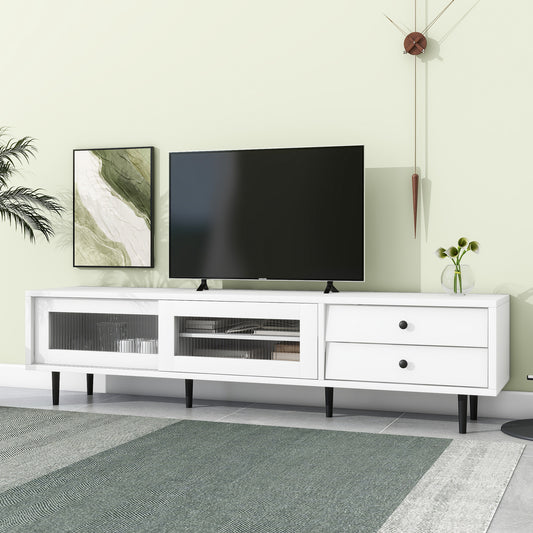 Bowie II Contemporary TV Stand with Sliding Fluted Glass Doors - White