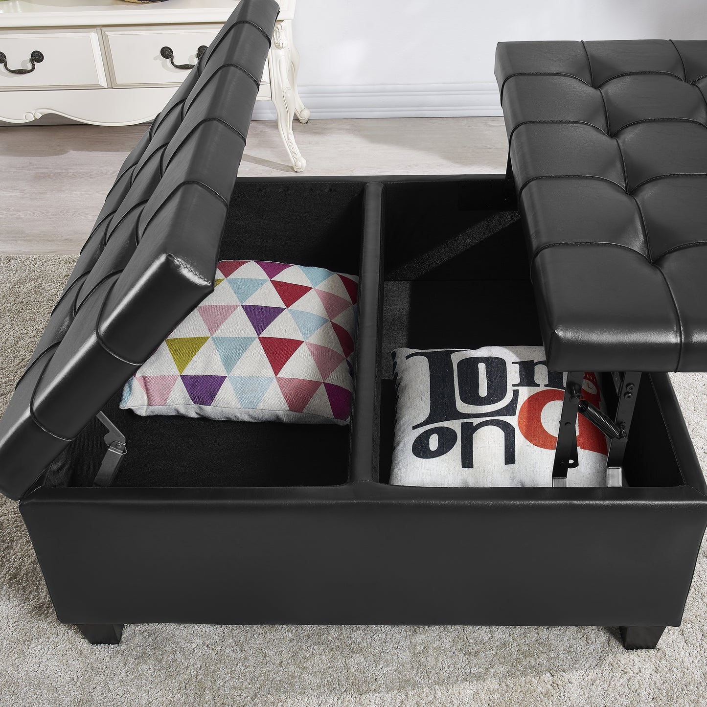 Square Faux Leather Storage Ottoman - Black