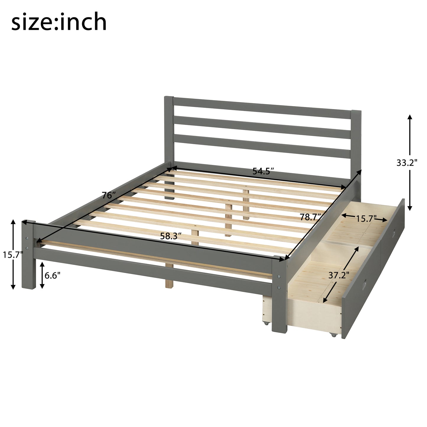 Cyril Full Size Wood Platform Bed with Dual Drawers - Gray