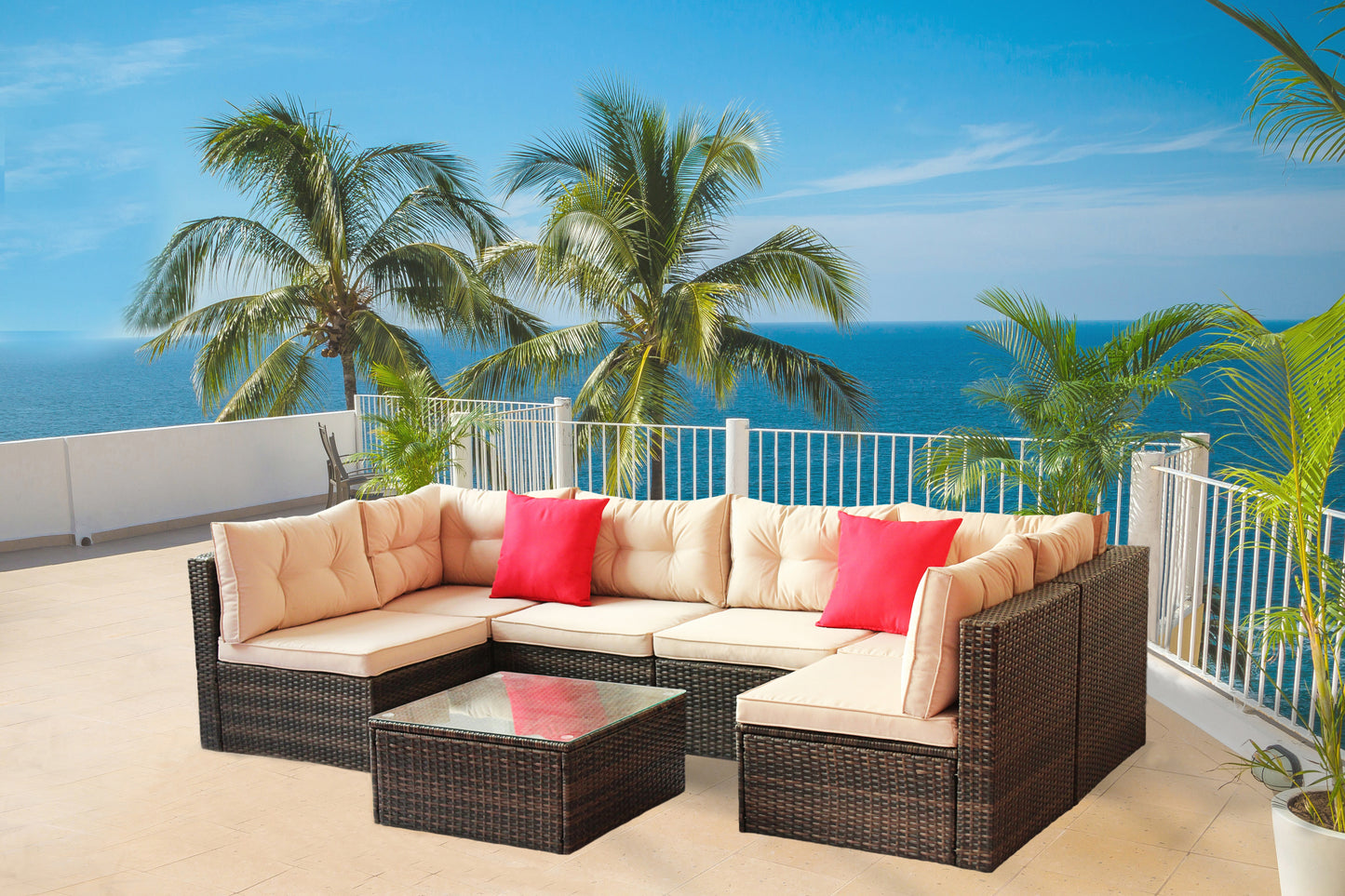 Charlton 7 Pc Outdoor Patio Rattan Sectional Sofa Set - Coffee