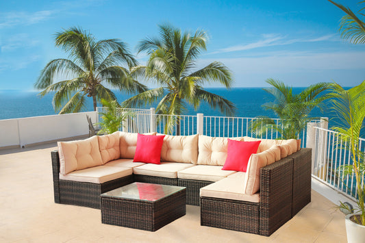 Charlton 7 Pc Outdoor Patio Rattan Sectional Sofa Set - Coffee