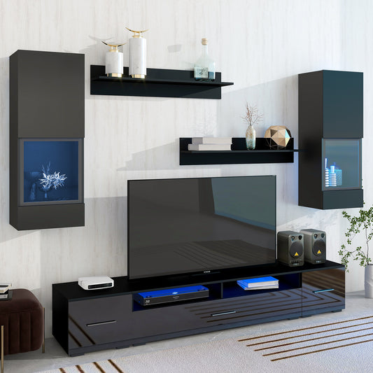 Jig High Gloss Minimalist Style 7 Pieces Floating TV Stand Set - Black