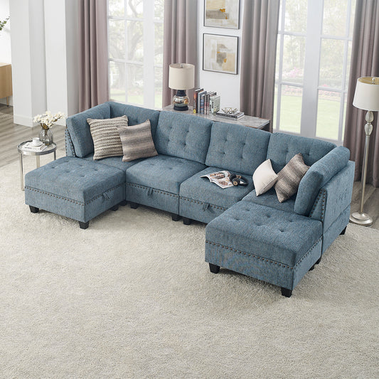 Molly Modular Sectional Sofa Two Single Chair ,Two Corner and Two Ottoman - Navy Blue