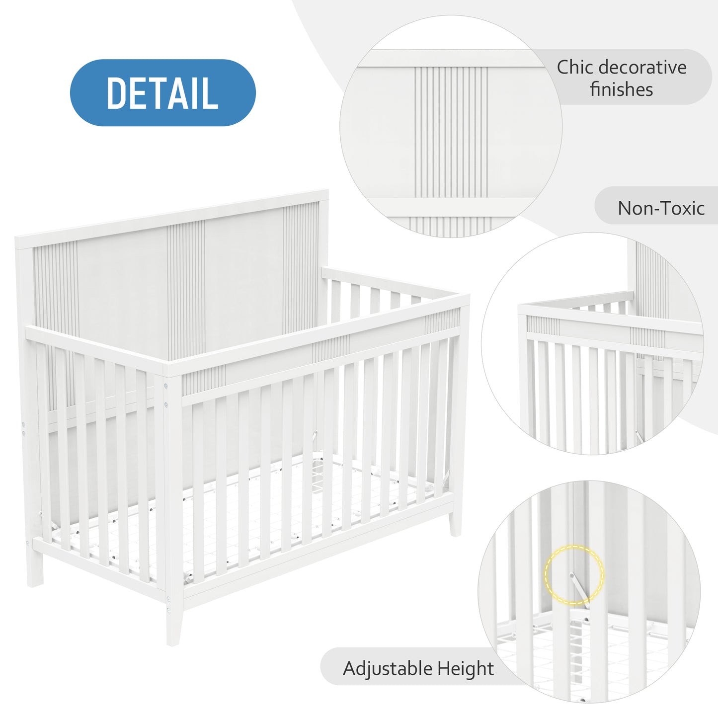 Clean Line Baby Crib Pine Solid Wood Non-Toxic  - White