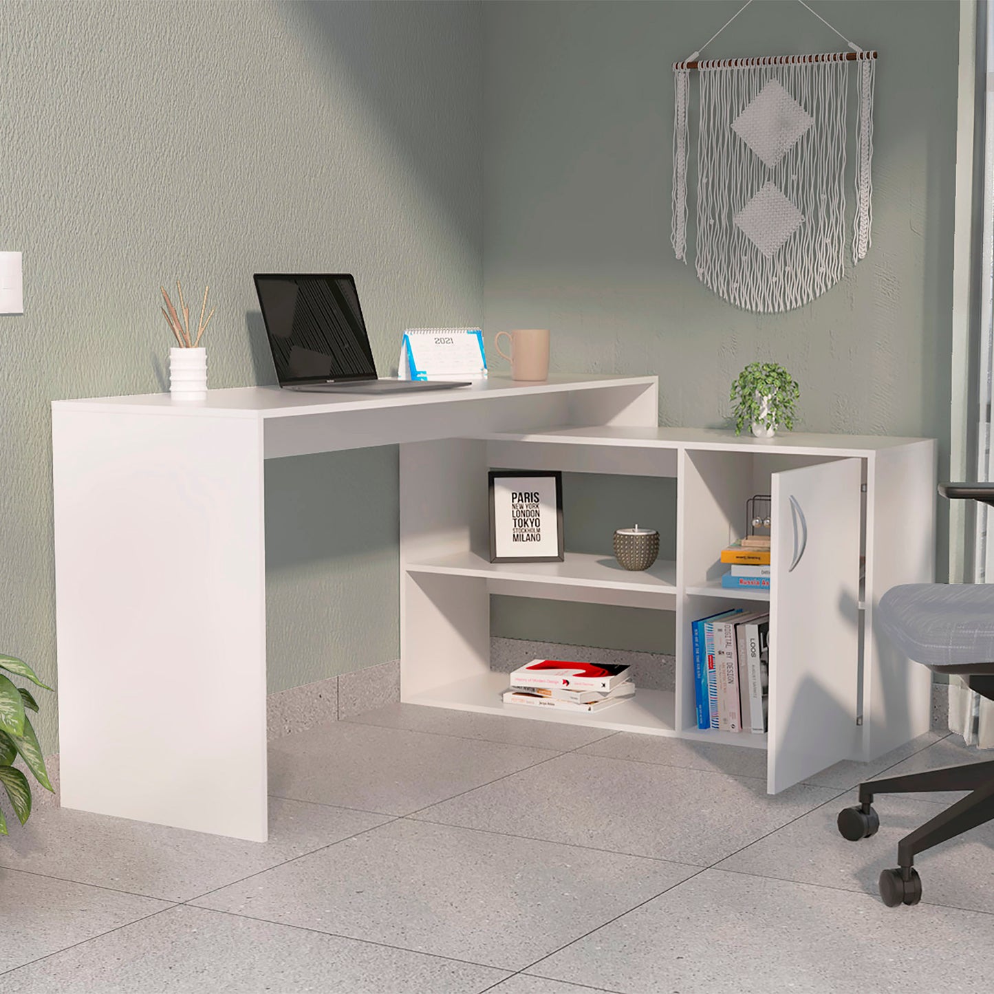 Lyncliff 1-Drawer 2-Shelf L-Shaped Office Desk- White