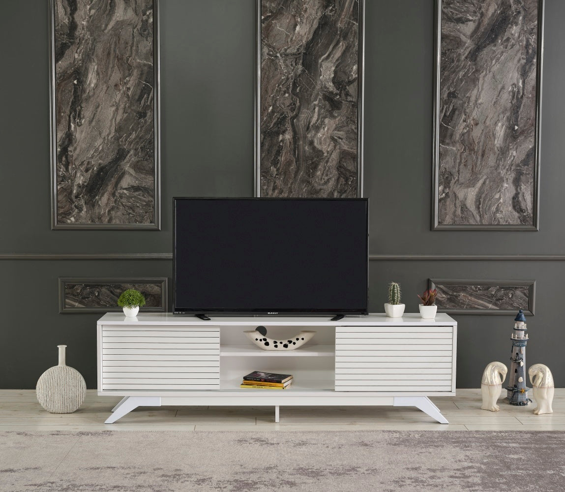 Luxia Mid Century Modern TV Stand 2 Sliding Door- White