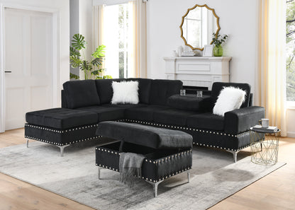 Hana 3-Seaters Sofa with Reversible Chaise with Storage Ottoman -Black