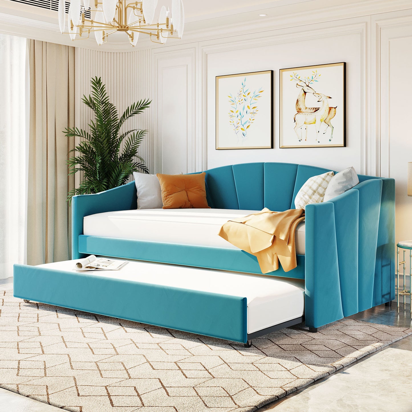 Travis Twin Size Upholstered Daybed with Trundle - Blue