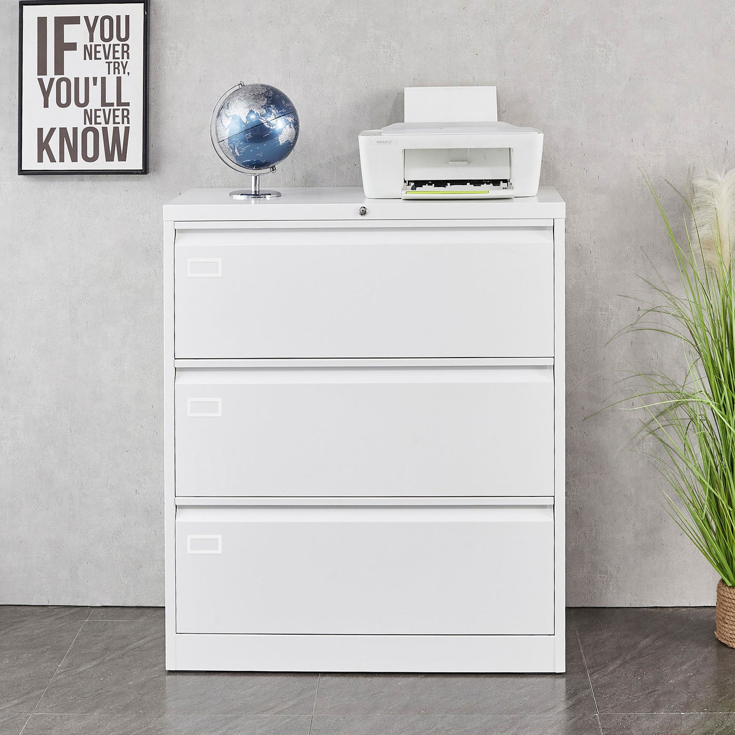 Steel 3 Drawer Lateral Filing Cabinet - White