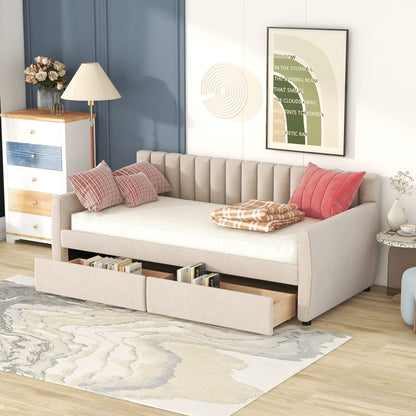 Xena Twin Size Upholstered Daybed with  Drawers - Beige