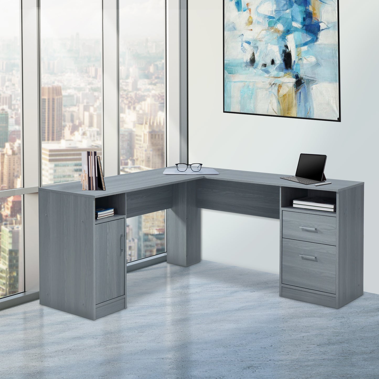 TechMax L-Shape Storage Desk, Slate Grey