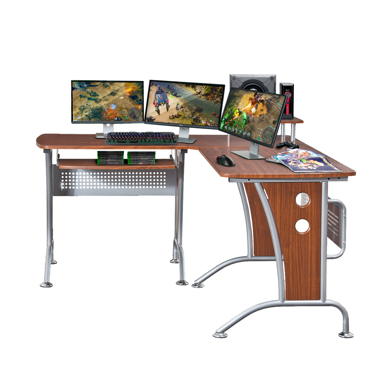 Deluxe L-Shaped Computer Desk With Pull Out Keyboard Panel -Mahogany