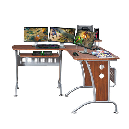 Deluxe L-Shaped Computer Desk With Pull Out Keyboard Panel -Mahogany