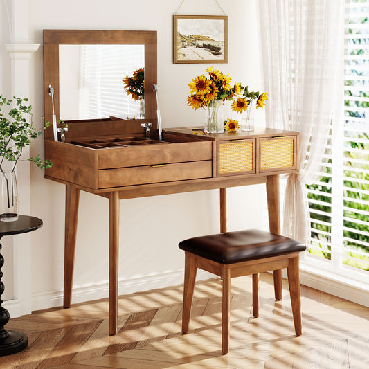 Classic Wood Vanity Set with Flip-top Mirror and Stool - Brown