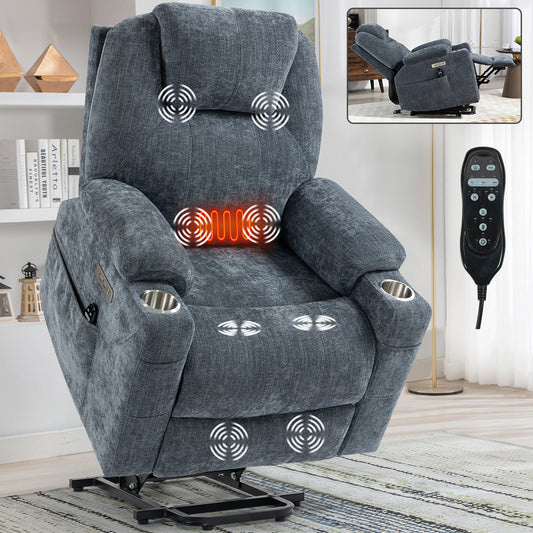 Okin Power Lift Chenille Recliner with Massage & Heat - Blue