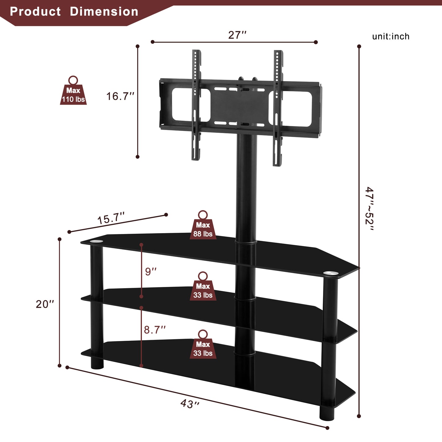 ElevateMax TV Stand: Black Multi-function Height Adjustable Bracket with Swivel and 3-Tier Storage