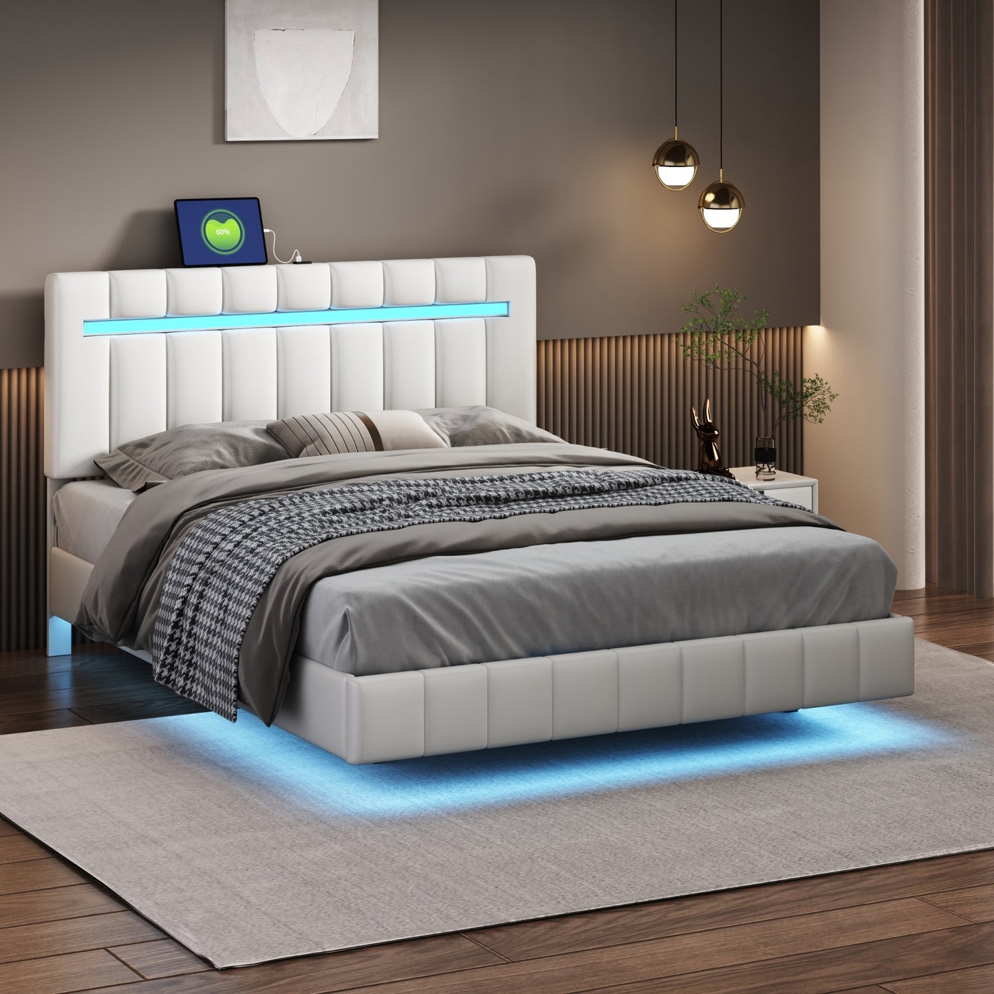 Marc Queen II Size Floating Bed Frame with LED - White