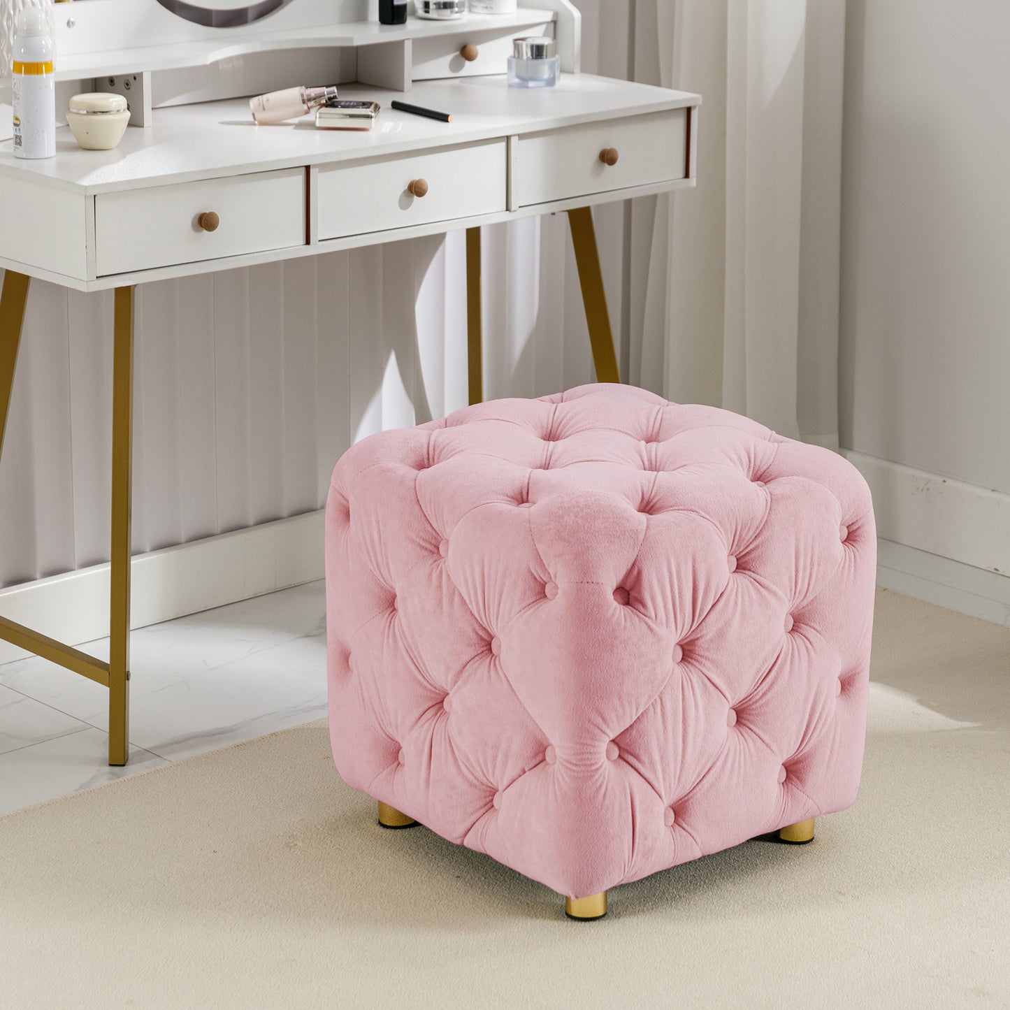 Velvet Upholstered Vanity Seat - Pink