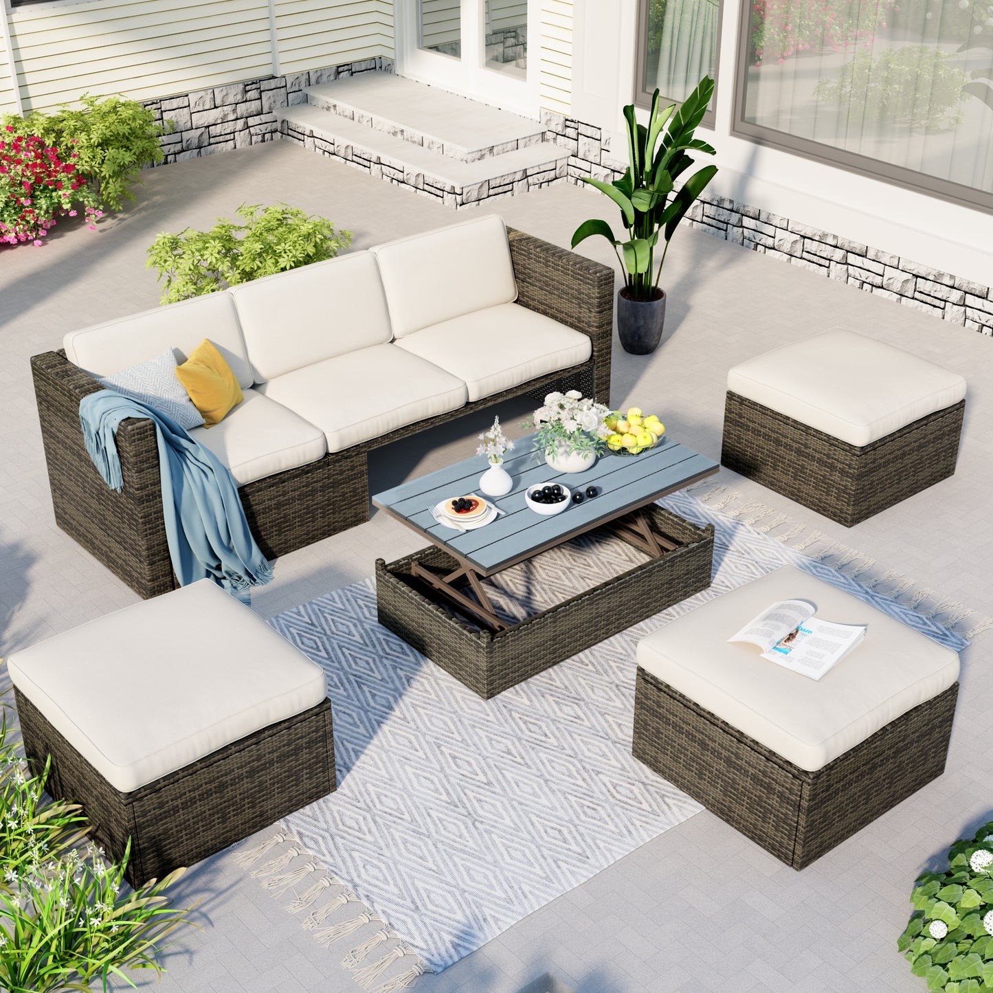 Ocie 5 Pc Outdoor Patio Rattan Sectional Sofa Set - Beige