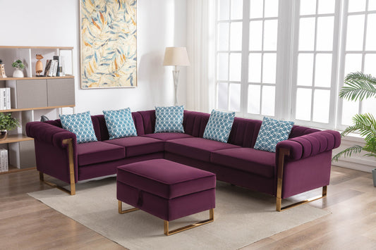 Maddie Velvet 6-Seater Sectional Sofa with Storage Ottoman - Purple