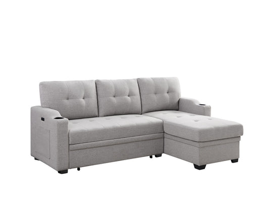 Mabel Linen Fabric Sleeper Sectional with cupholder, USB charging port and pocket - Light Gray