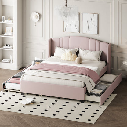 Mali Queen Size Platform Bed with Wingback Headboard - Pink